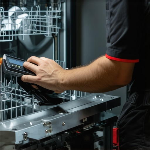 Technician using diagnostic scanner on dishwasher with error codes