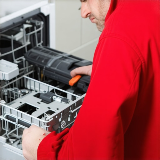 Dishwasher Maintenance Inspection Technician checking dishwasher parts during routine maintenance.