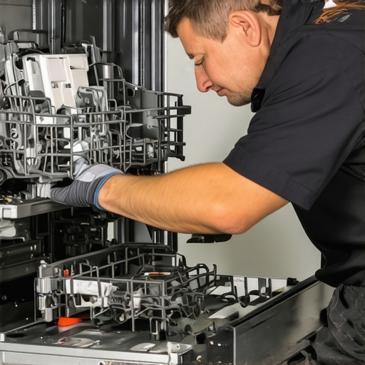 Technician inspecting dishwasher parts during repair process.