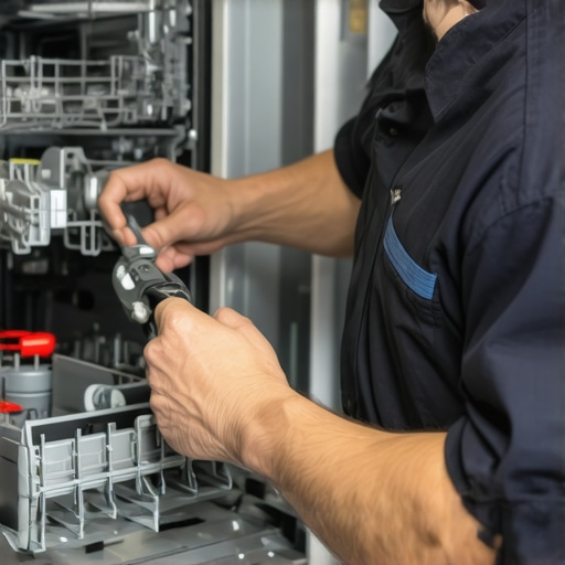 Expert inspecting dishwasher compatibility Technician examining dishwasher parts for compatibility and proper fit.