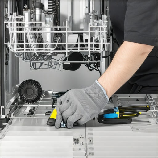 Technician examining dishwasher parts for diagnostics