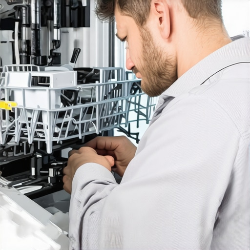 Technician examining dishwasher parts for repair