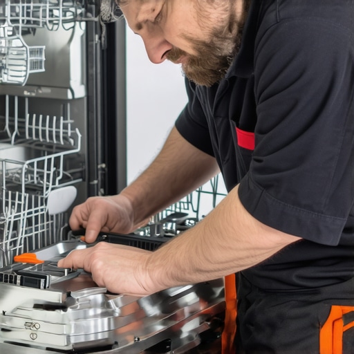 Professional Dishwasher Inspection Technician inspecting dishwasher parts during maintenance