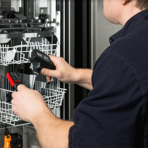 Technician performing diagnostic tests on a dishwasher's control panel with specialized tools.