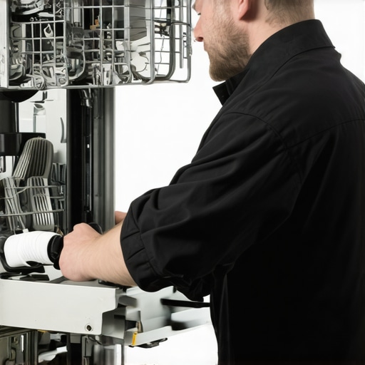 Expert Dishwasher Maintenance Inspection Technician inspecting dishwasher parts during professional repair.
