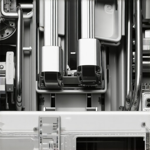 Close-up of stainless steel dishwasher spray arm and seals