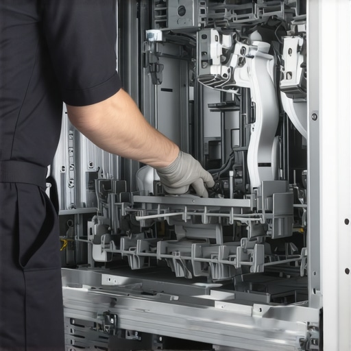 Technician inspecting dishwasher components during professional installation process