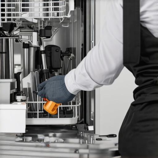 Technician installing dishwasher parts with tools, close-up of inlet valve and control board.
