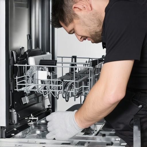 Technician installing dishwasher parts in a kitchen.