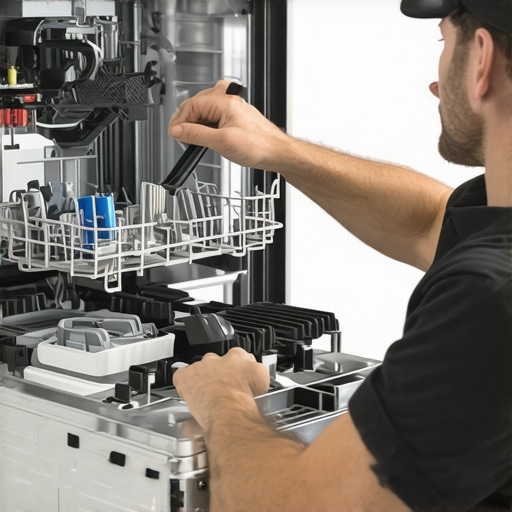 Technician carefully inspecting dishwasher parts during installation, emphasizing correct procedures.