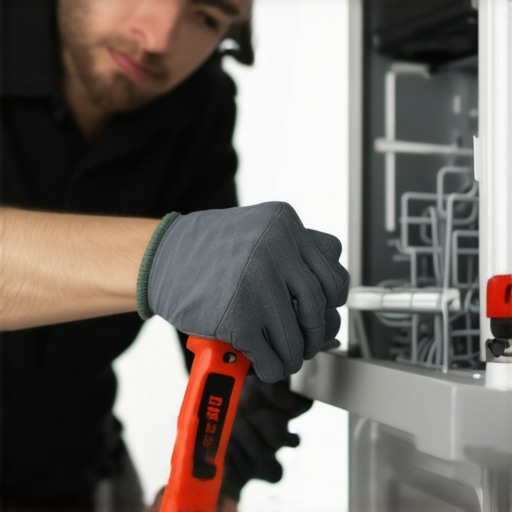 Technician tightening dishwasher water inlet hose with wrench during installation.