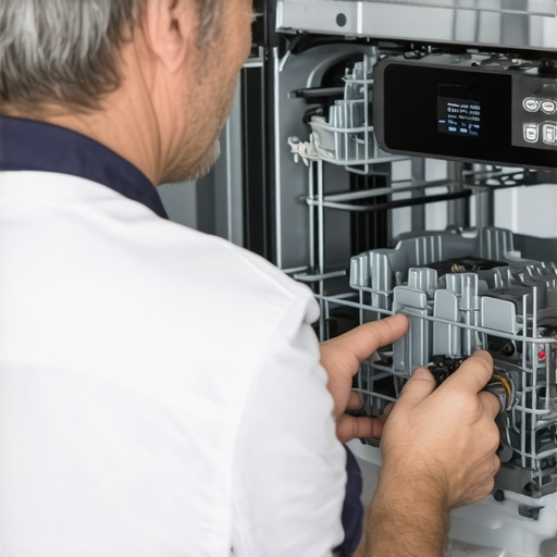 Technician inspecting a new smart dishwasher with digital controls and replacement parts.