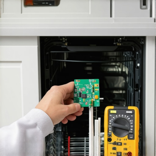 Technician checking dishwasher's control panel using a multimeter