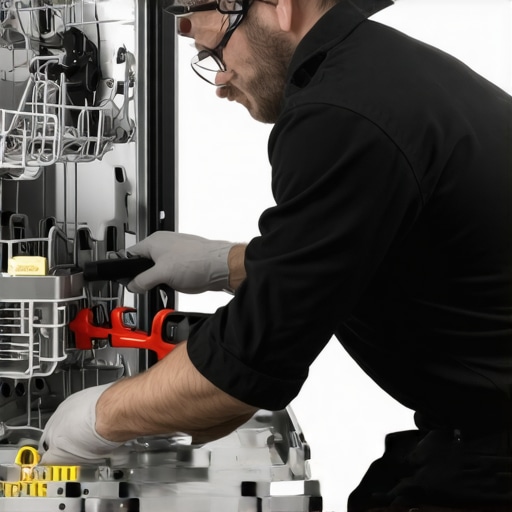 Technician repairing dishwasher showing correct part installation and troubleshooting steps.