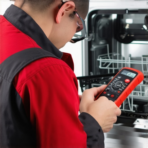 Technician testing dishwasher electrical components with a multimeter and diagnostic scanner.