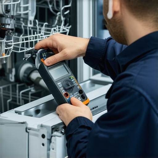 Technician inspecting dishwasher electrical and plumbing connections with multimeter and wrench