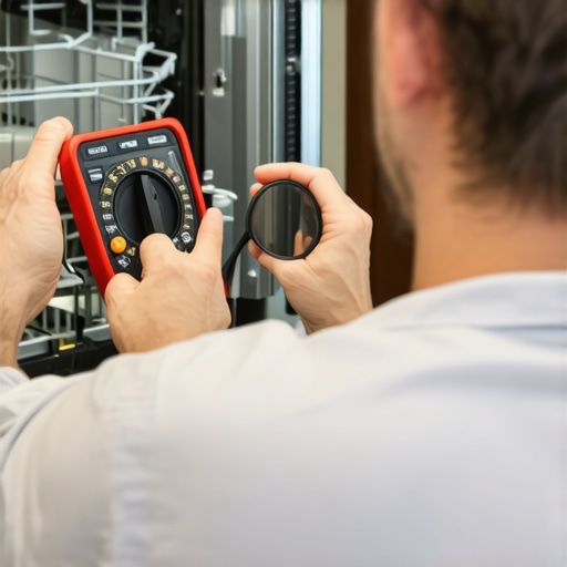 Technician Diagnosing Dishwasher with Tools Technician inspecting dishwasher wiring with multimeter and mirror