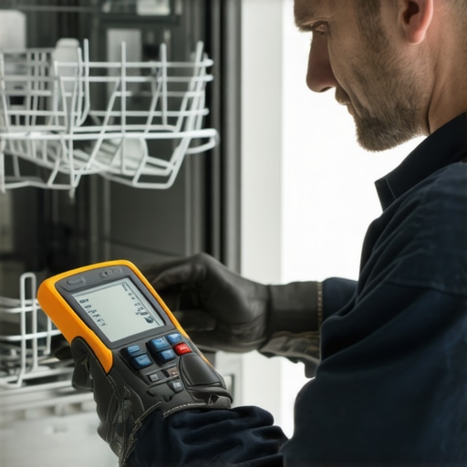 Technician using multimeter and diagnostic software on a dishwasher