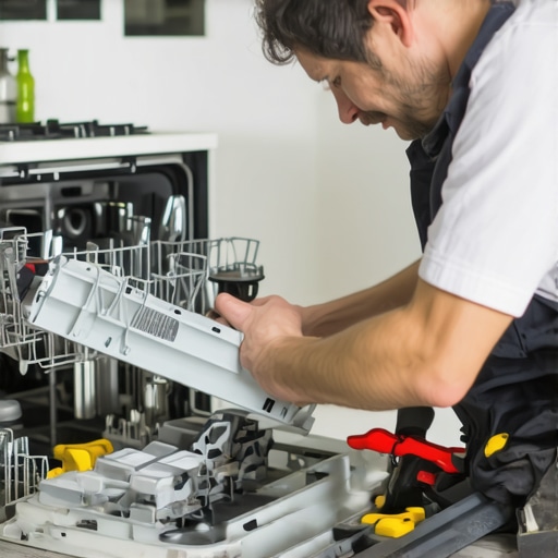 Technician inspecting dishwasher parts inside an appliance with tools.