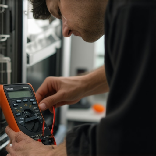 Using a Multimeter for Dishwasher Maintenance Technician testing dishwasher components with a digital multimeter in a modern kitchen.
