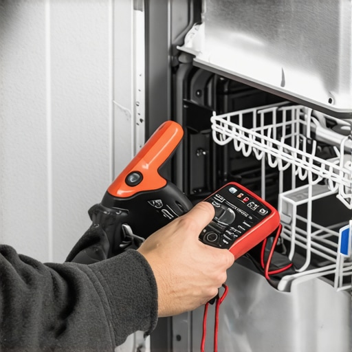 Technician inspecting dishwasher wiring with a multimeter.