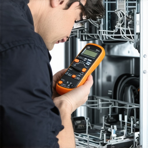 Technician testing electrical parts of a dishwasher with a multimeter