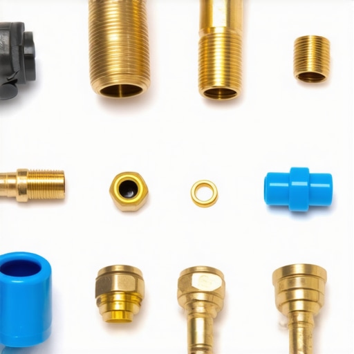 Detailed image showing essential dishwasher installation components like brass fittings and hoses.