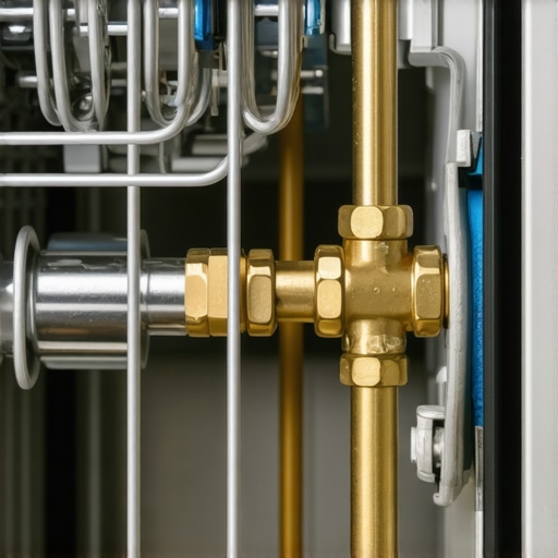A technician connecting water hoses to a dishwasher using brass fittings