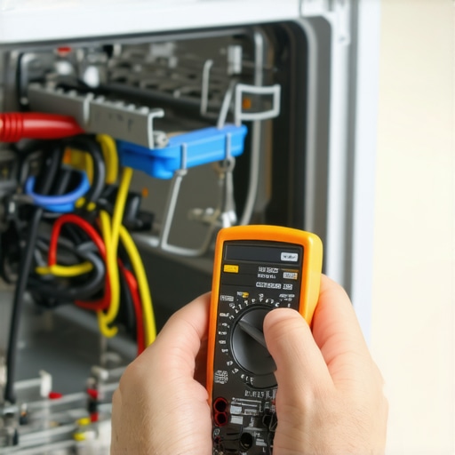 Person testing dishwasher's electrical wiring with a digital multimeter in a modern kitchen