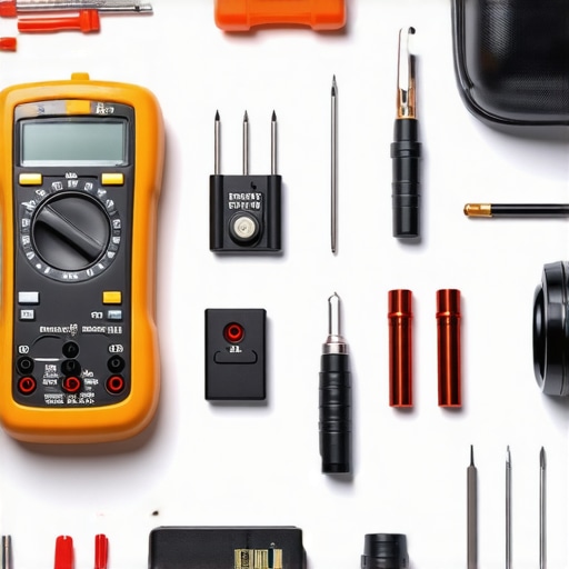 A set of professional dishwasher maintenance tools including multimeter, screwdrivers, flashlight, and camera.