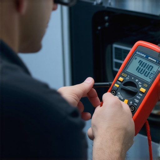 Technician testing dishwasher wiring with a multimeter in a professional workshop.