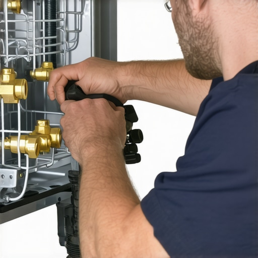 Technician connecting brass fittings and hoses during dishwasher installation