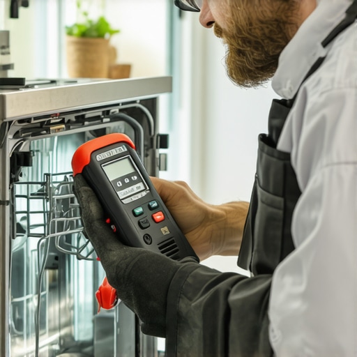 Technician inspecting dishwasher wiring with a multimeter and tightening fittings with a torque wrench.