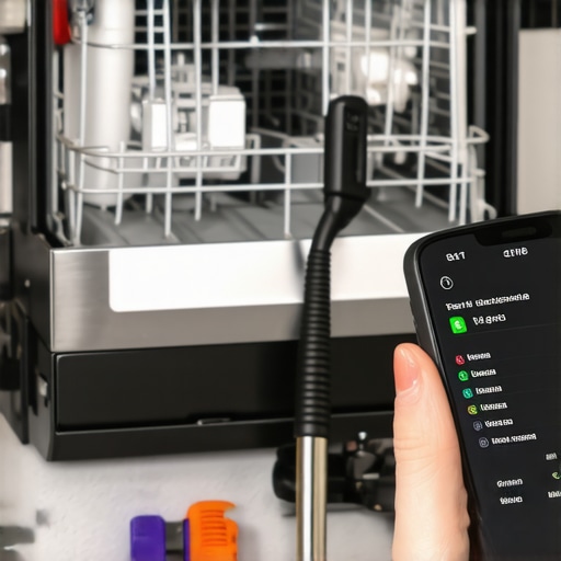 Homeowner calibrating dishwasher connections with a torque wrench and diagnostic app.