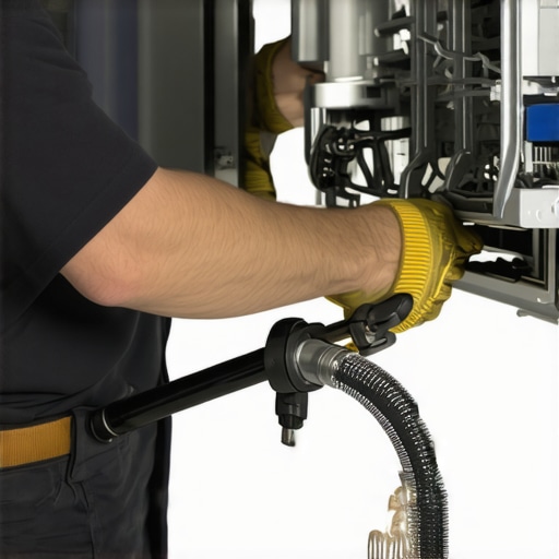 A technician demonstrating an optimal dishwasher drain hose setup with high loop and secure fittings.