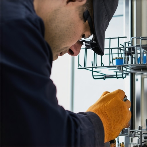 Technician connecting dishwasher water inlet valve with secure fittings.