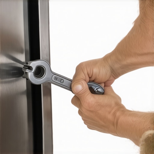 A person tightening a dishwasher's water supply hose using a wrench, illustrating correct installation technique.