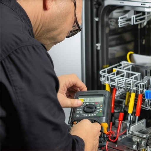 Technician performing diagnostics on a dishwasher with specialized tools.