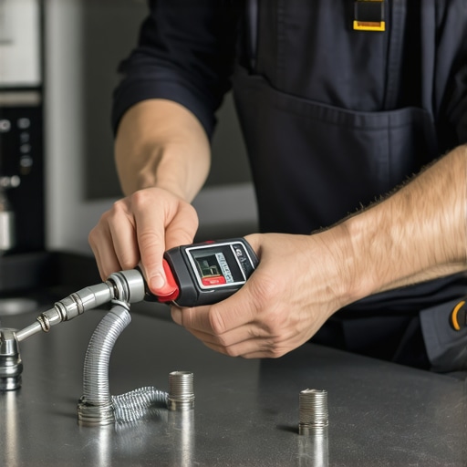 Professional plumber tightening dishwasher fittings with a digital torque wrench, demonstrating accurate torque application.
