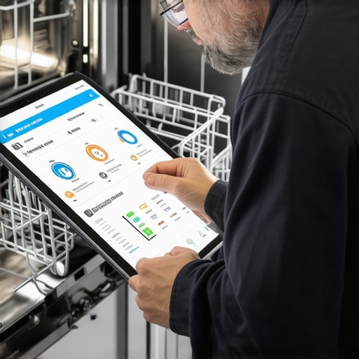 Technician examining digital log files of a dishwasher to verify data flags for warranty compliance.