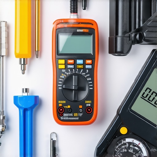 Multimeter, plumber's grease, and pressure gauge arranged on a workbench for appliance repairs