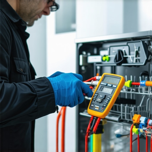 A technician using a multimeter and crimping tool to ensure secure dishwasher water connections.