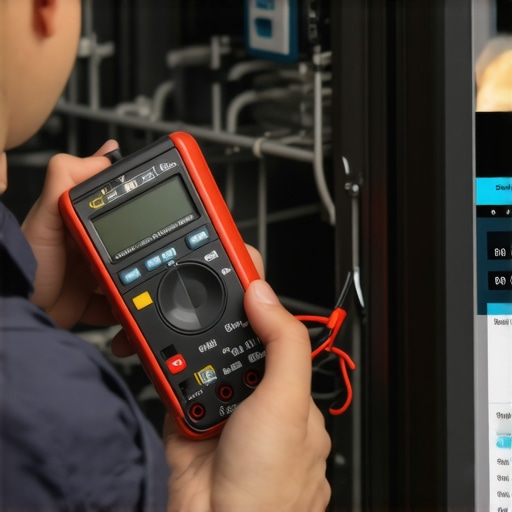 Technician Testing Dishwasher with Multimeter A professional inspecting dishwasher electronics with a multimeter for maintenance.