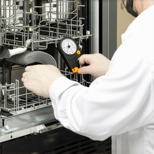 Technician using multimeter and pressure gauge to diagnose dishwasher issues