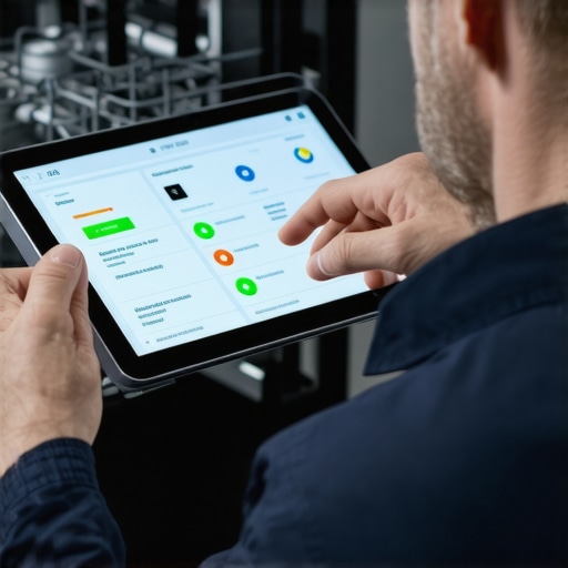 Technician reviewing detailed dishwasher AI sensor logs on a tablet, highlighting calibration data and error codes