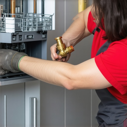 Professional plumber installing brass fitting on dishwasher inlet valve