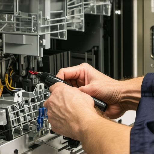 Technician connecting diagnostic device to dishwasher's Smart Port interface for troubleshooting