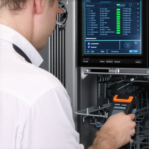 Technician performing precise calibration on dishwasher sensors using advanced tools