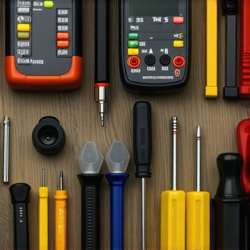 A set of professional tools including a multimeter, screwdrivers, and a digital flow meter arranged on a workbench for dishwasher maintenance.