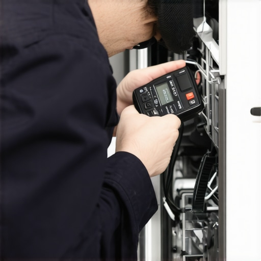 Technician inspecting dishwasher components with multimeter and borescope